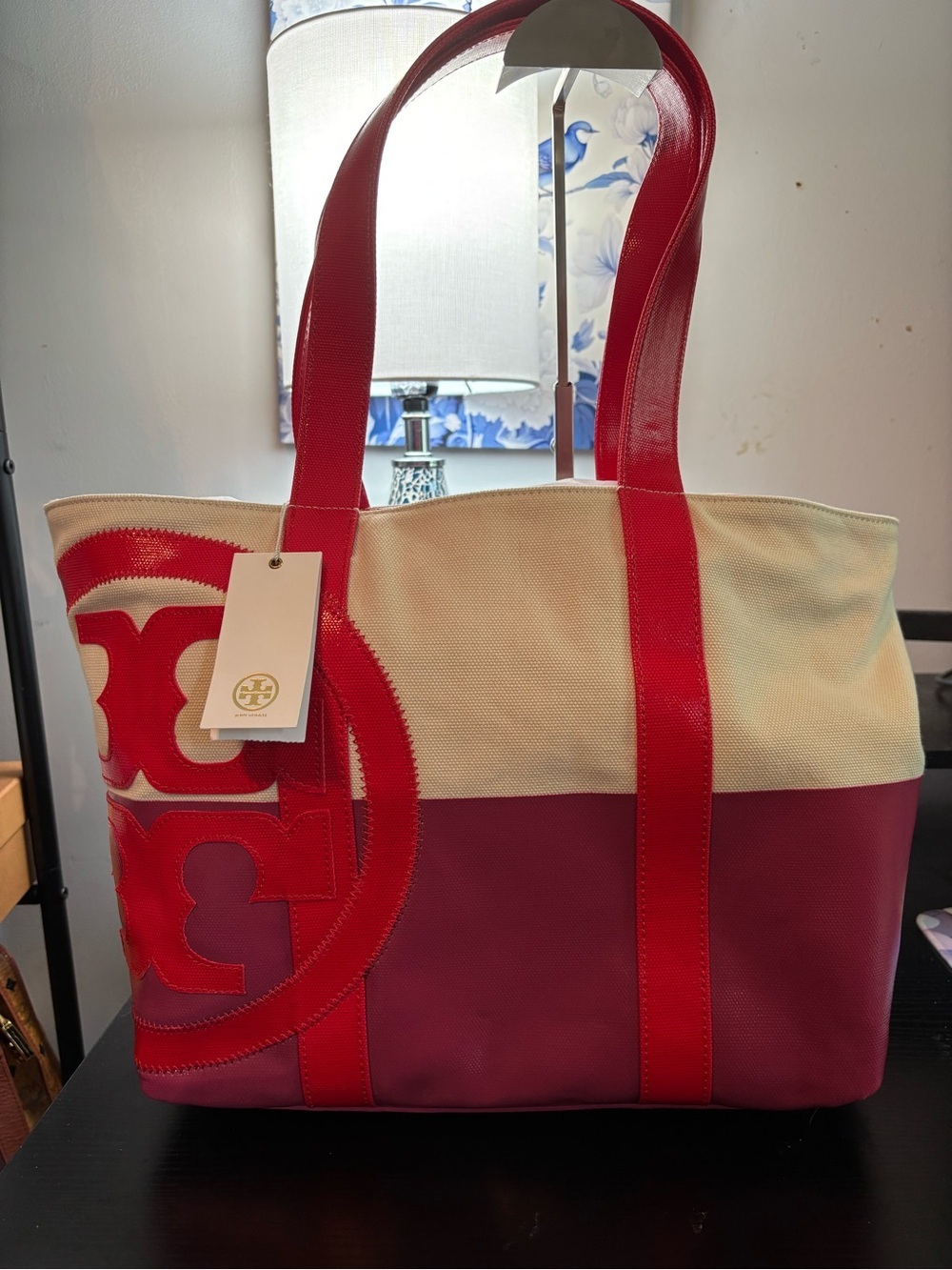 RARE NWT Tory Burch Large Dipped Canvas Logo Beach Tote Bag – Cream/Red/Pink